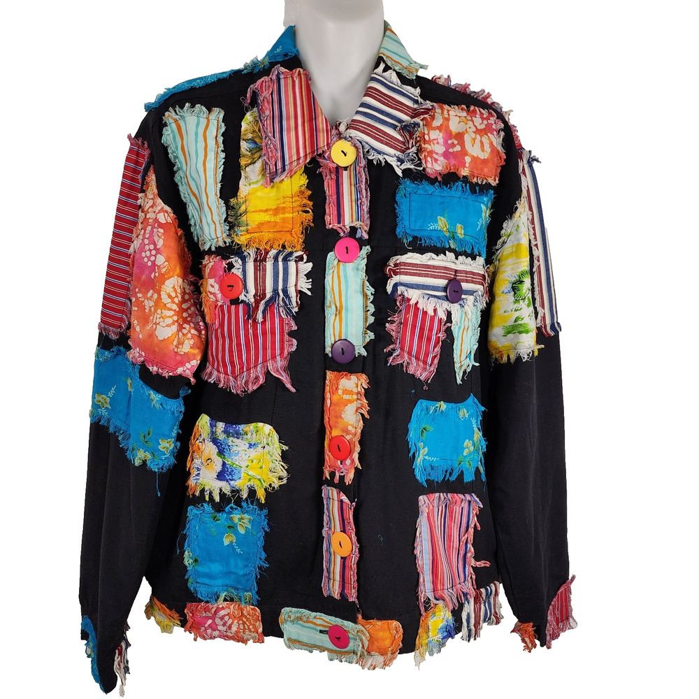 Vtg New Direction Patchwork Jacket Black Cotton Button Medium Colorful Artsy 90s - Picture 1 of 12